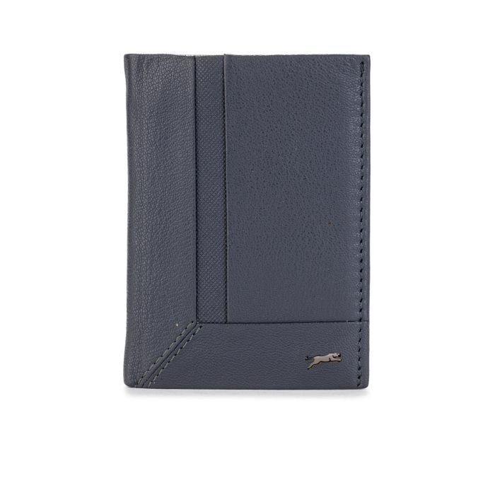 Portafoglio verticale blu da uomo con logo e cuciture