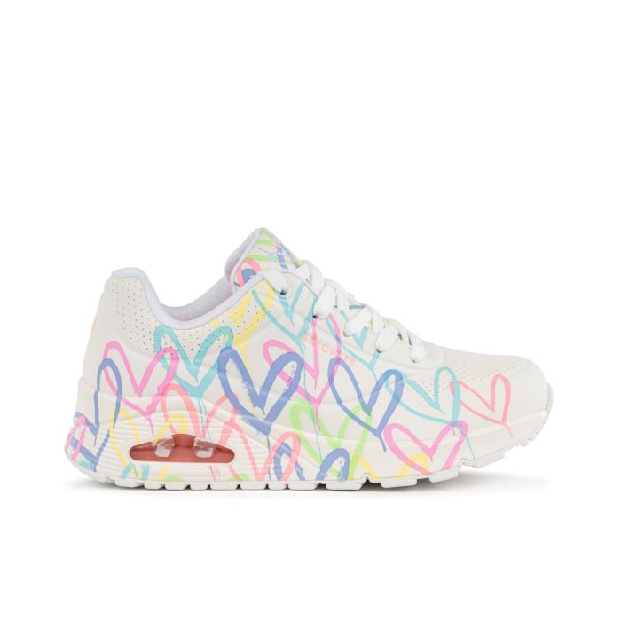 Sneakers donna bianche da palestra con cuori modello Uno -Spread the Love - Skechers x JGoldcrown