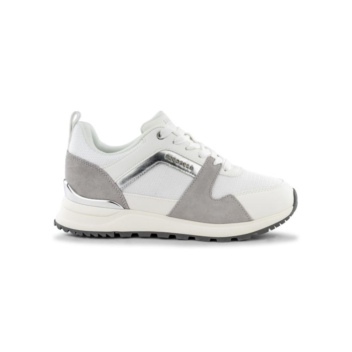 Sneakers bianche da donna con effetto scamosciato e dettagli argento Skechers