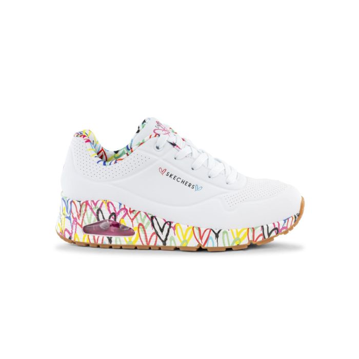 Sneakers donna bianche da palestra con stampa a cuori multicolore Skechers Uno
