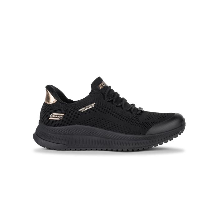 Sneakers donna nere da palestra Skechers Slip-ins in tessuto con dettagli oro rosa