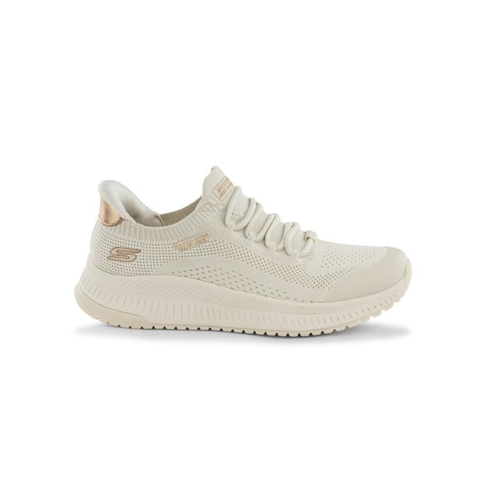 Sneakers donna beige da palestra in tessuto con inserto oro rosa Skechers Bobs