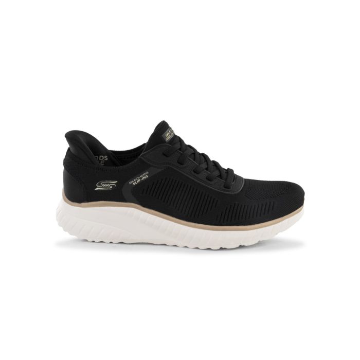 Sneakers donna nere da palestra in tessuto con dettagli oro rosa Skechers Slip-ins