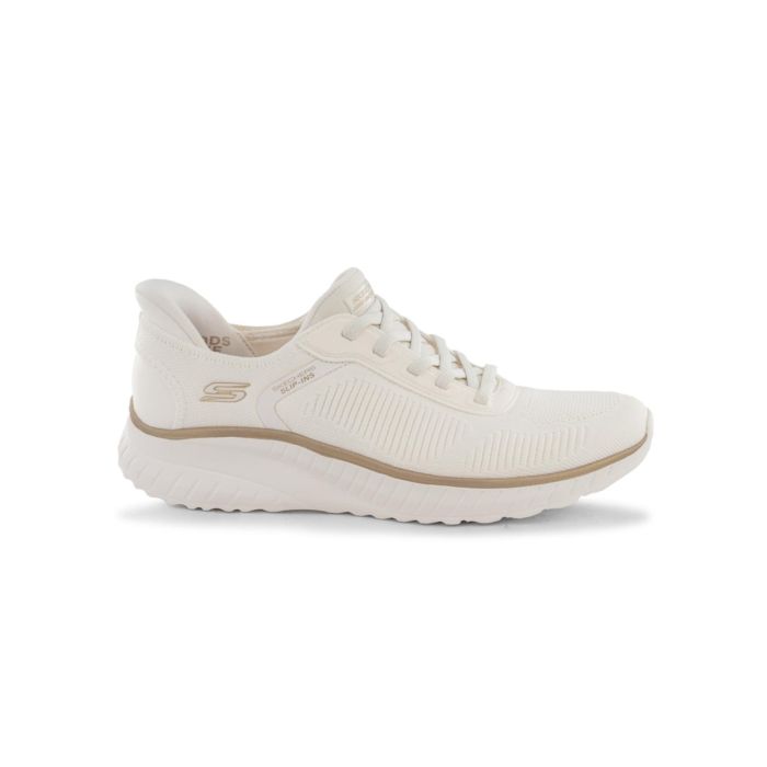 Sneakers donna bianche da palestra Skechers Bobs Sport con dettagli oro rosa