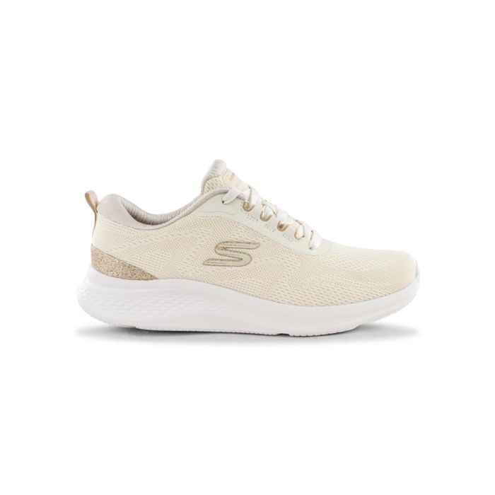 Sneakers donna beige da palestra in tessuto mesh con dettagli glitter oro Skechers