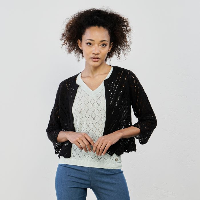 Cardigan nero con bottoncino in tessuto traforato