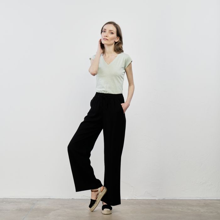 Pantaloni neri lunghi misto lino con coulisse in vita