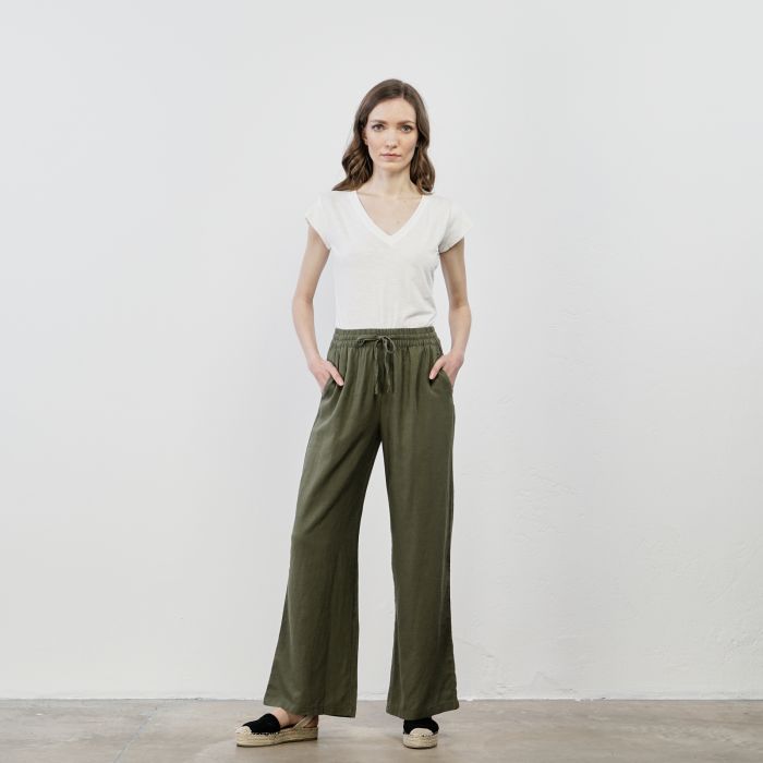 Pantaloni verdi lunghi misto lino con coulisse in vita