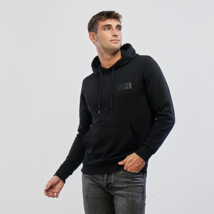 Felpa nera con cappuccio con logo e tasche canguro