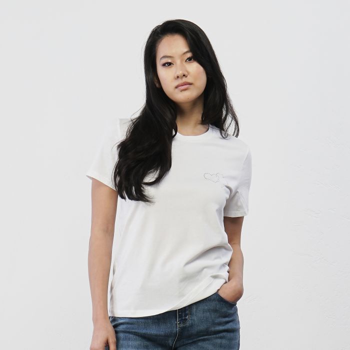 T-shirt bianca da donna con maniche corte e cuori con strass