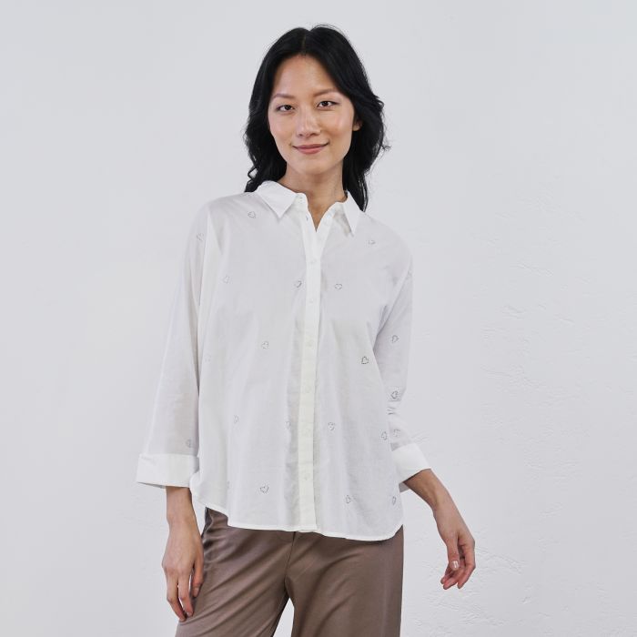 Camicia bianca da donna in cotone con cuori in strass