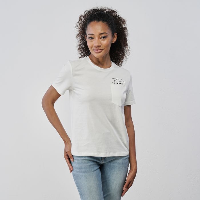 T-shirt bianca da donna maniche corte con taschino e dettaglio gatto