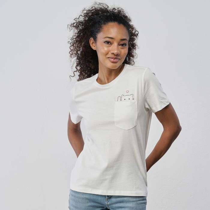 T-shirt bianca da donna maniche corte con dettaglio gatto e taschino
