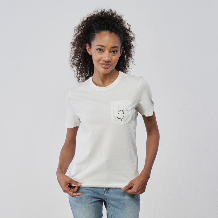 T-shirt bianca da donna maniche corte con dettaglio gatto sul taschino