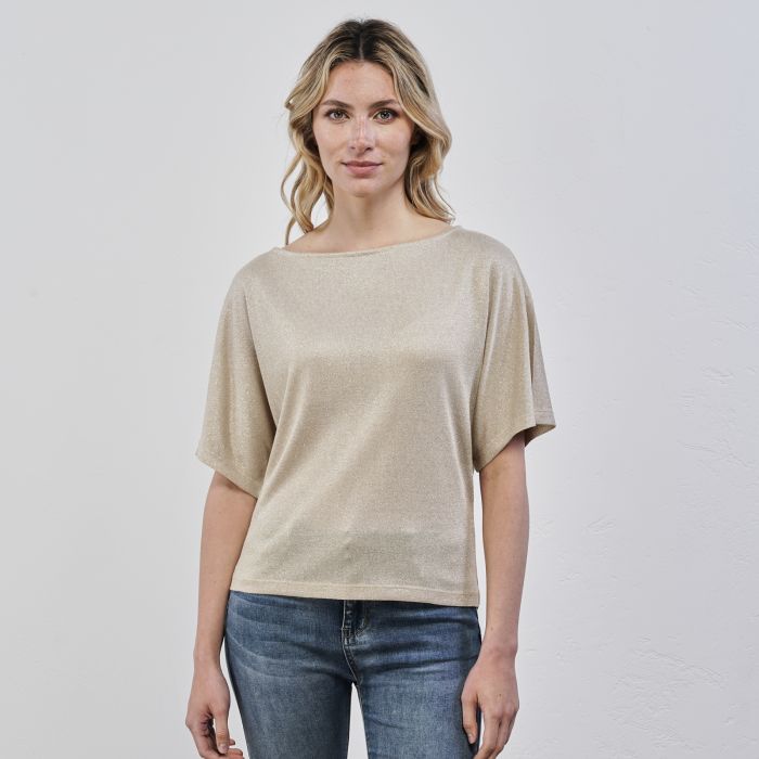 Top beige glitter da donna con maniche corte ampie