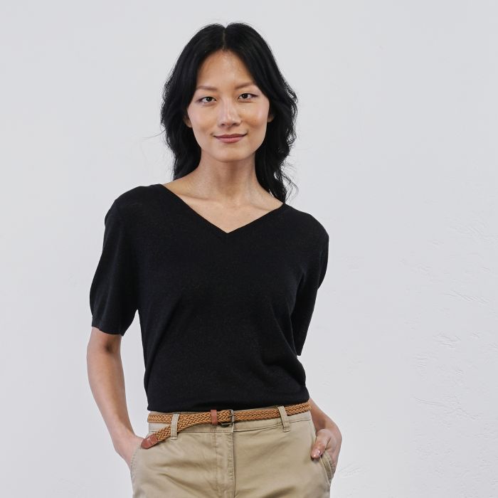 T-shirt nera glitter da donna in maglia con maniche corte