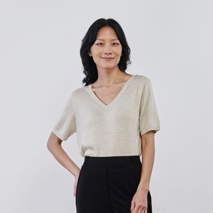 T-shirt oro glitter da donna in maglia con maniche corte