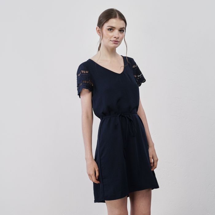 Abito corto blu da donna con maniche corte traforate