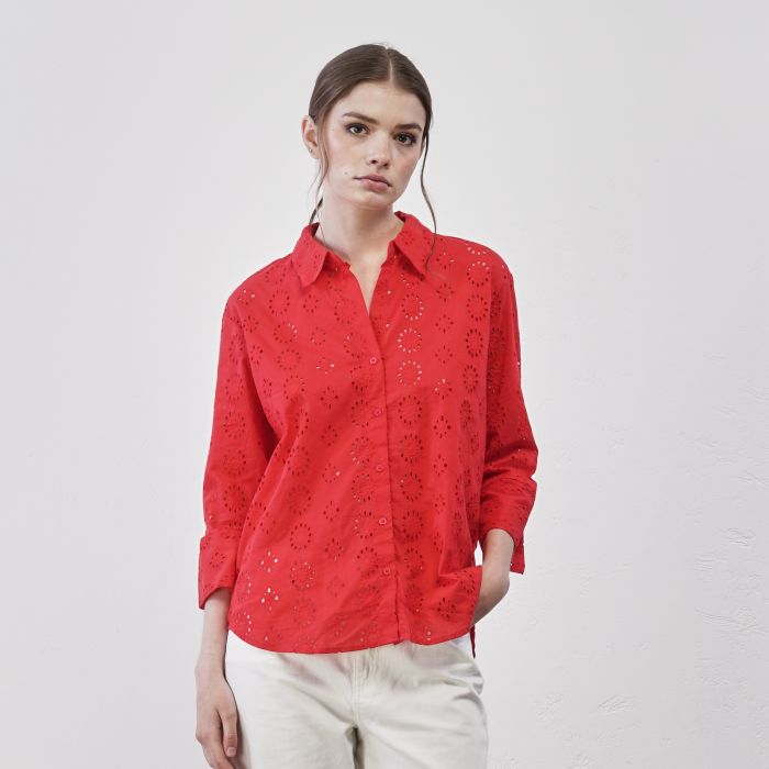 Camicia rossa da donna in pizzo sangallo