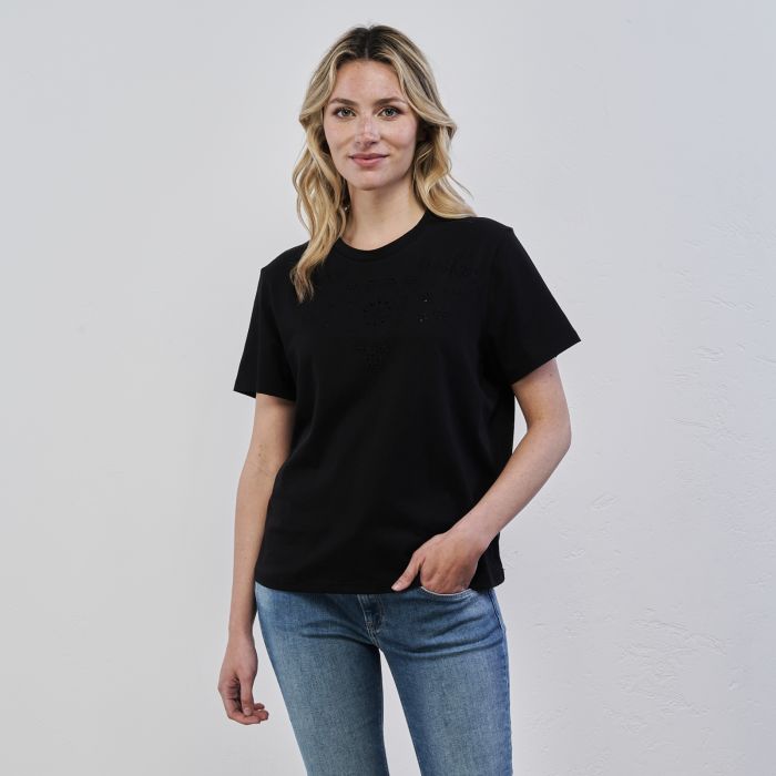 T-shirt nera da donna in tessuto traforato cotone con maniche corte