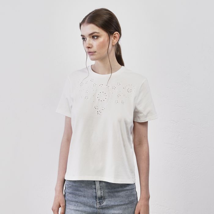 T-shirt bianca da donna con maniche corte e dettaglio traforato