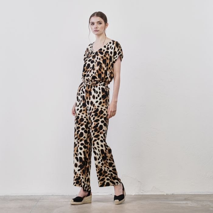 Pantaloni lunghi morbidi marroni in fantasia animalier