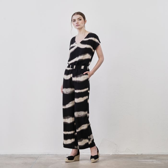 Pantaloni lunghi morbidi neri in fantasia animalier