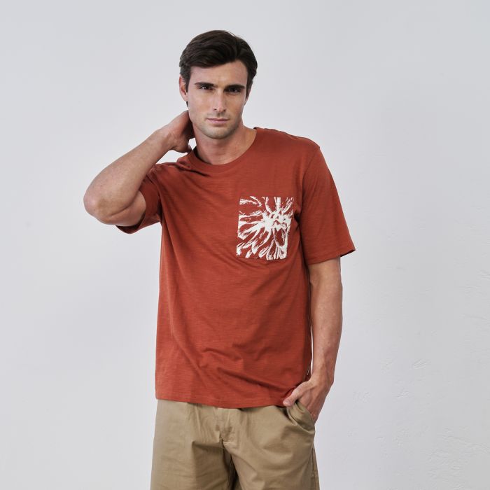 T-shirt arancione da uomo maniche corte con taschino