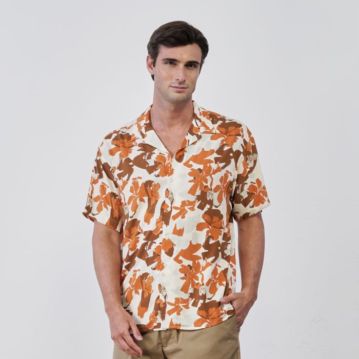 Camicia arancione da uomo in fantasia floreale