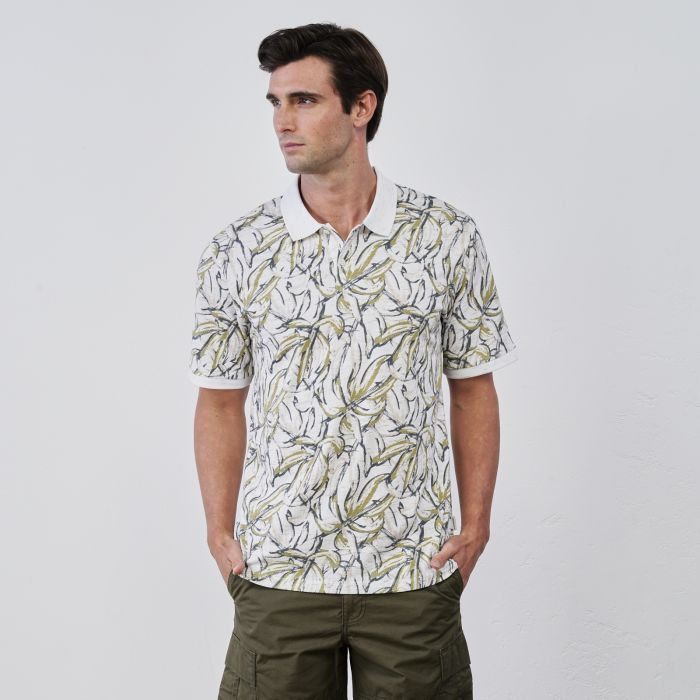 Polo arancione da uomo in fantasia tropical con maniche corte