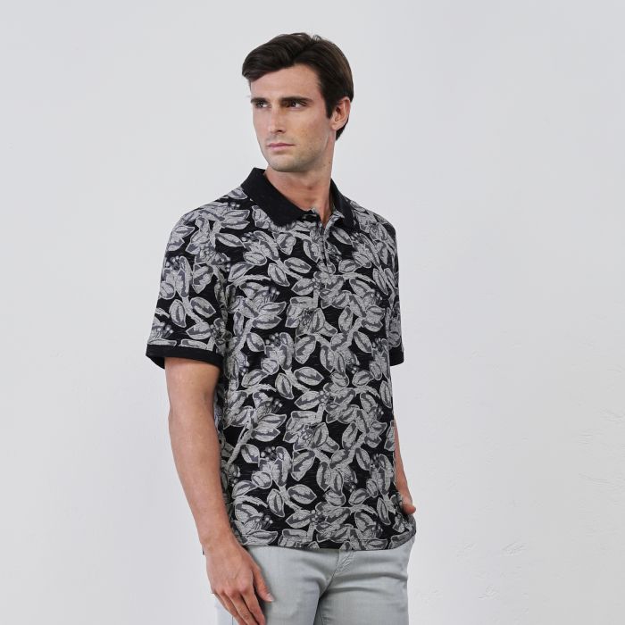 Polo nera da uomo con maniche corte e stampa floreale