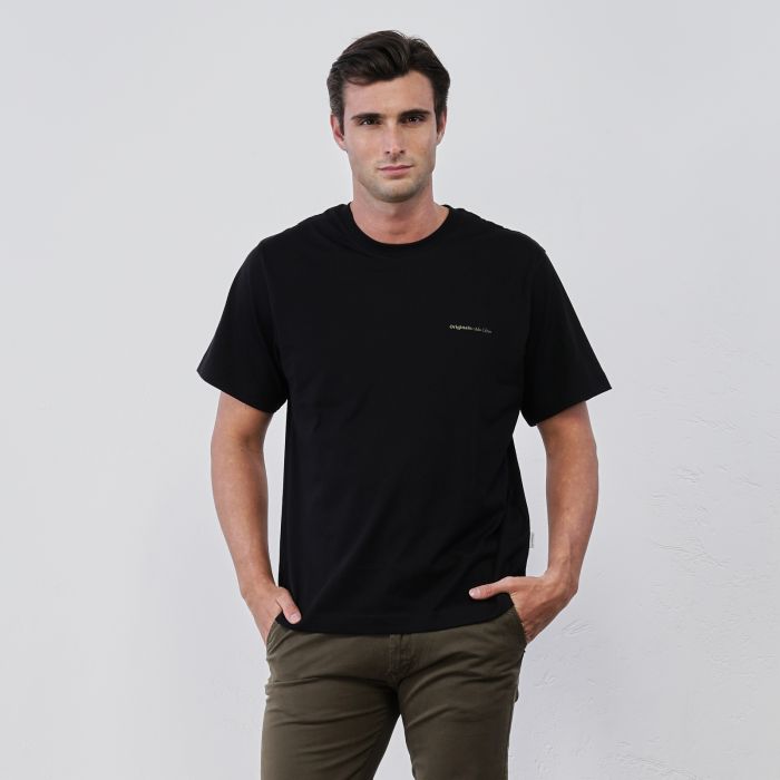 T-shirt nera da uomo con maniche corte in cotone