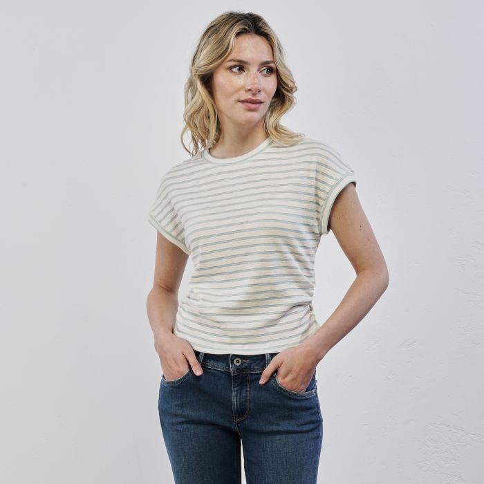 T-shirt bianca e azzurra da donna a righe con maniche corte