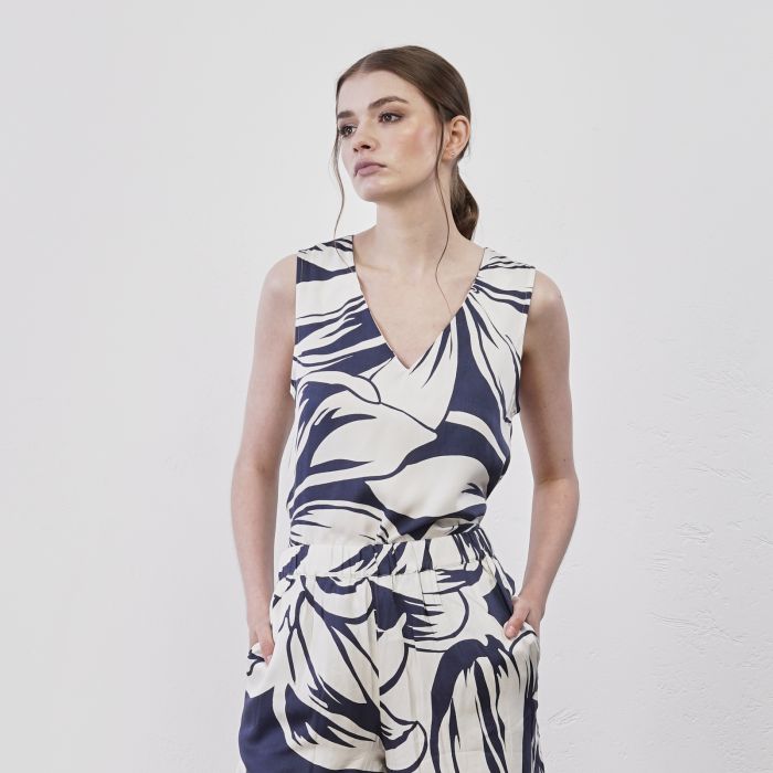 Top blu e bianco da donna senza maniche con stampa floreale