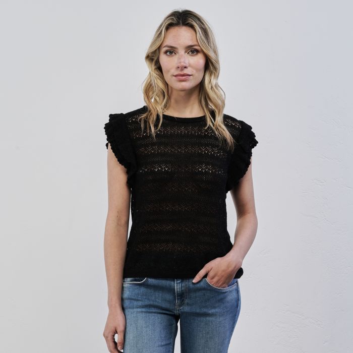 T-shirt nera in pizzo da donna con maniche volant