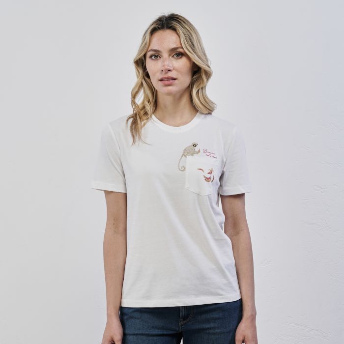 T-shirt bianca da donna con maniche corte e dettaglio scimmia
