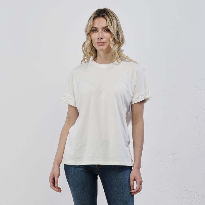T-shirt bianca da donna con maniche corte con dettaglio perle