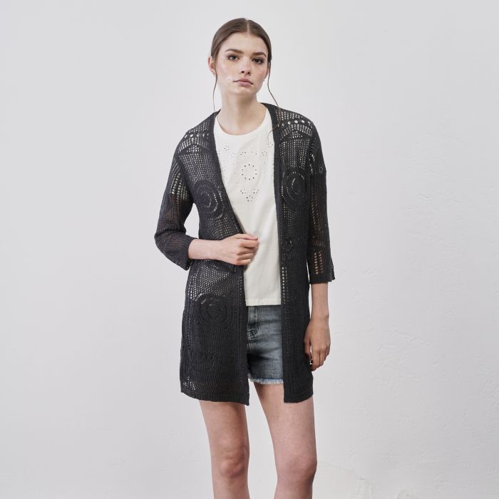 Cardigan grigio da donna in tessuto traforato