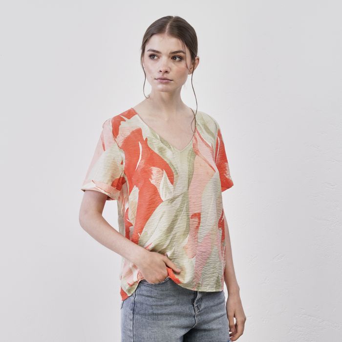 T-shirt bianca e blu da donna con maniche corte in stampa animalier