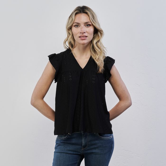 Blusa nera da donna in tessuto traforato