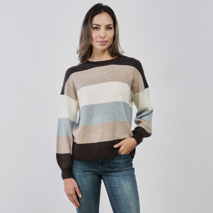 Maglione marrone e beige da donna con maxi righe