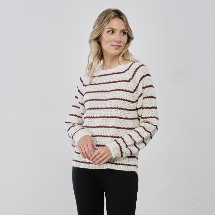 Maglioncino bianco da donna a righe bordeaux