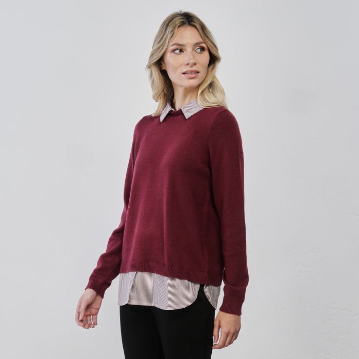 Maglioncino rosso da donna con inserto camicia