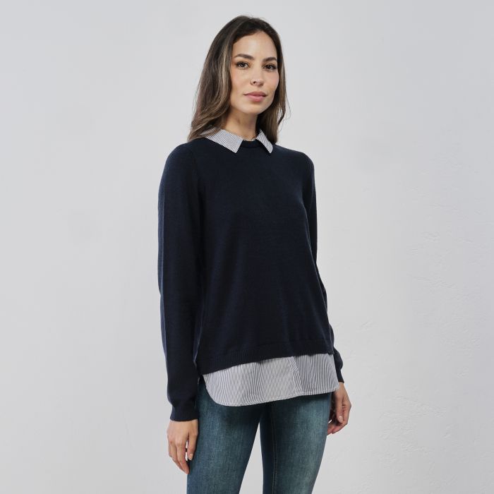 Maglioncino blu da donna con inserto camicia