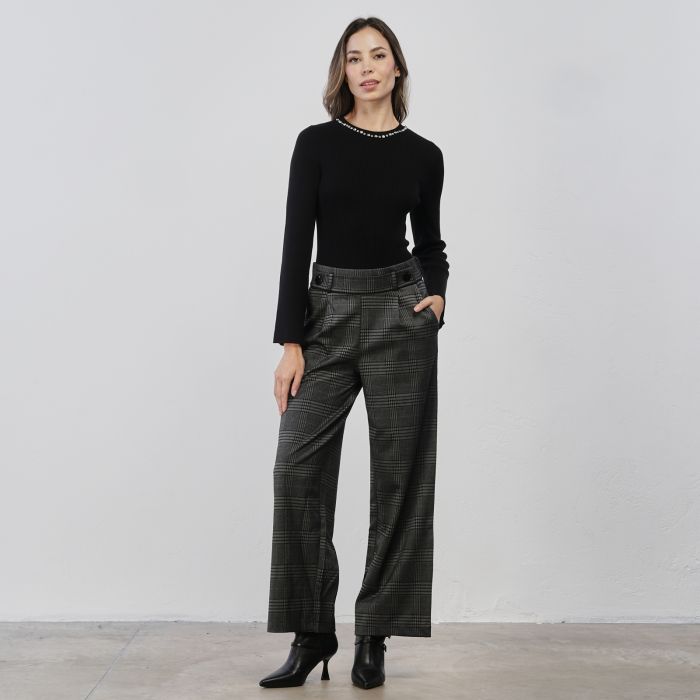 Pantaloni lunghi grigi da donna in fantasia check