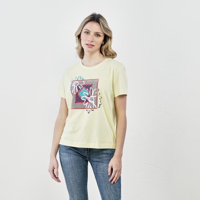 T-shirt gialla stampa fiori con maniche corte