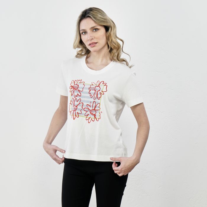 T-shirt bianca stampa fiori con maniche corte