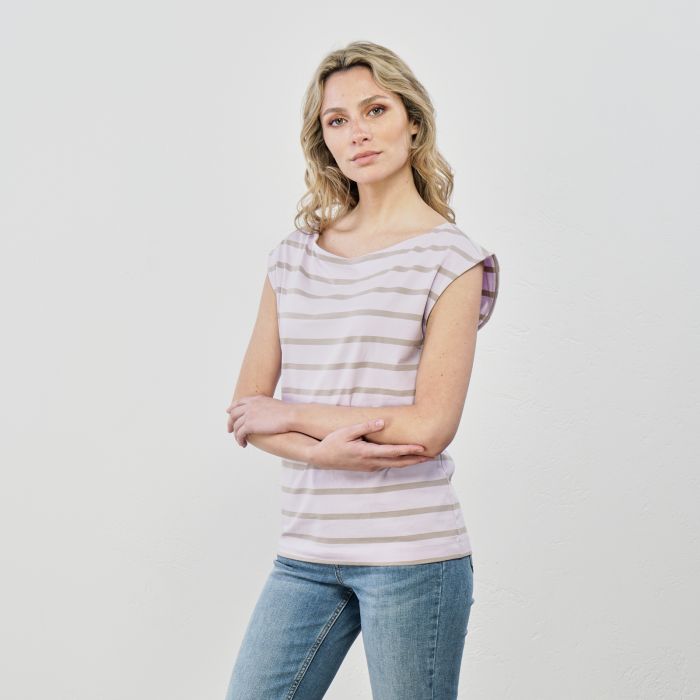 T-shirt lilla a righe con maniche corte