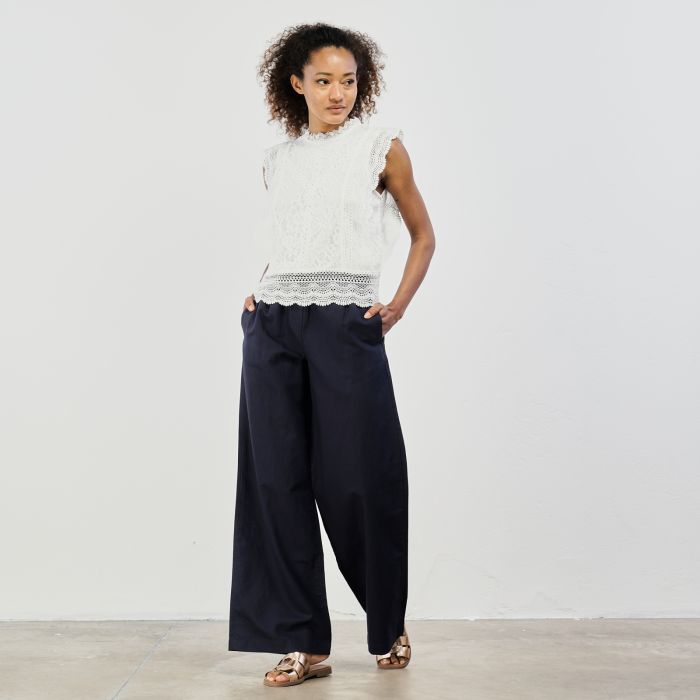 Pantaloni blu misto lino con coulisse