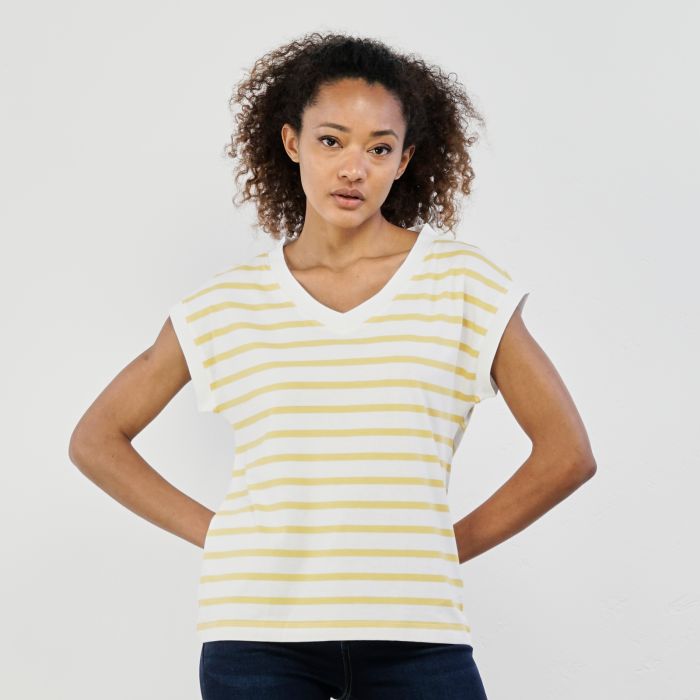 T-shirt bianca e gialla mezze maniche stampa a righe